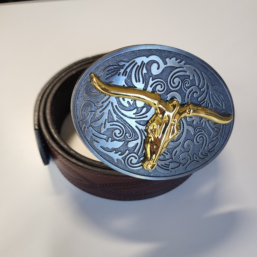 BC Belt Mens Large Brown Leather Steer Head Buckle